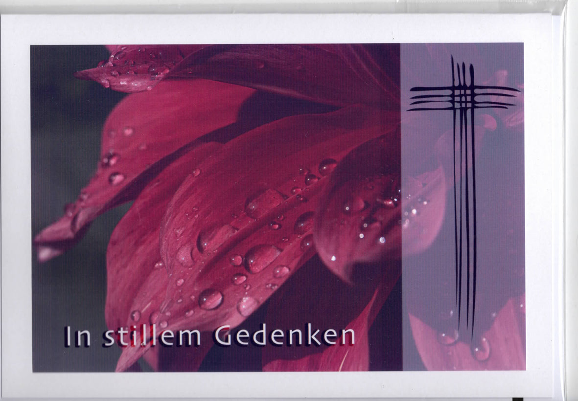 Fotokarte Trauer rote Blüte mit Kreuz