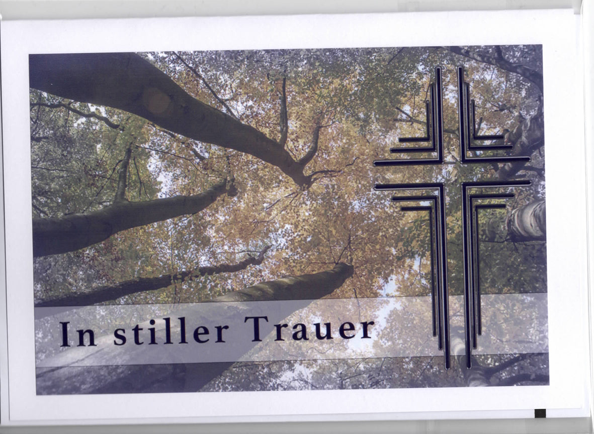 Fotokarte Trauer Baumkronen mit Kreuz