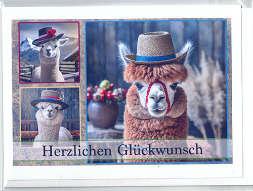 Fotokarte Herzlichen Glückwunsch Tiermotiv Lama mit Hut