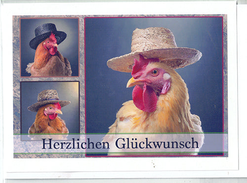 Fotokarte Herzlichen Glückwunsch Tiermotiv Huhn mit Hut