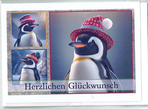 Fotokarte Herzlichen Glückwunsch Tiermotiv Pinguin mit Hut