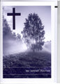 Fotokarte Trauer Kreuz Sonnenstrahlen durch Baum