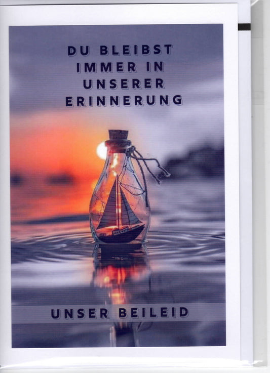 Fotokarte Trauer Flasche mit Schiff