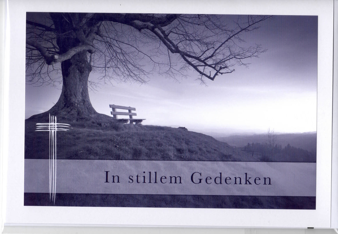 Fotokarte Trauer Baum mit Bank und Kreuz