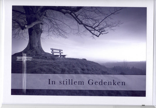Fotokarte Trauer Baum mit Bank und Kreuz