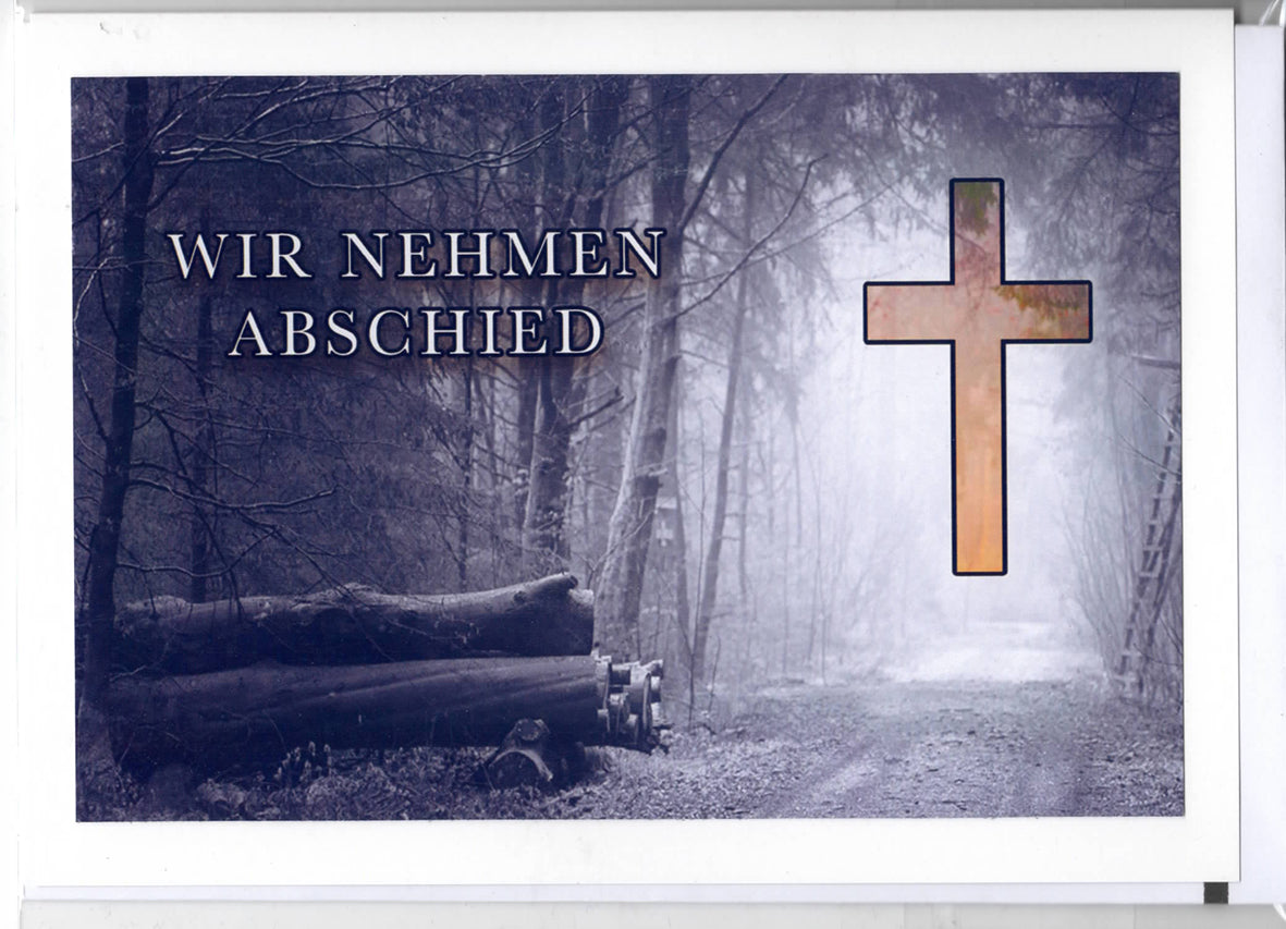 Fotokarte Trauer Wald mit Kreuz