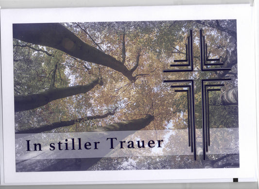 Fotokarte Trauer Baumkronen mit Kreuz