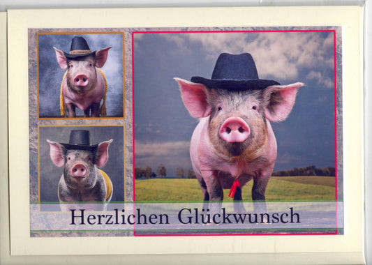 Fotokarte Herzlichen Glückwunsch Tiermotiv Schwein mit Hut